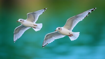 Obraz premium White seabirds against nature's canvas.