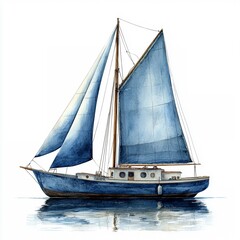 Blue Sailboat Watercolor: A stunning watercolor painting of a sailboat with blue sails, capturing the tranquility and beauty of the sea. This artistic representation evokes a sense of adventure and fr