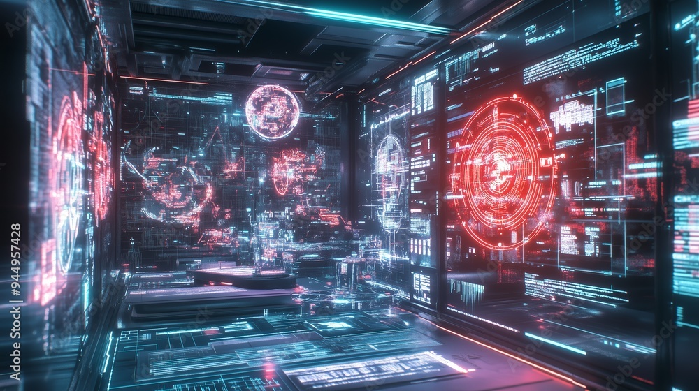 Aufkleber futuristic control room with glowing interfaces and holographic displays at night showcasing advance