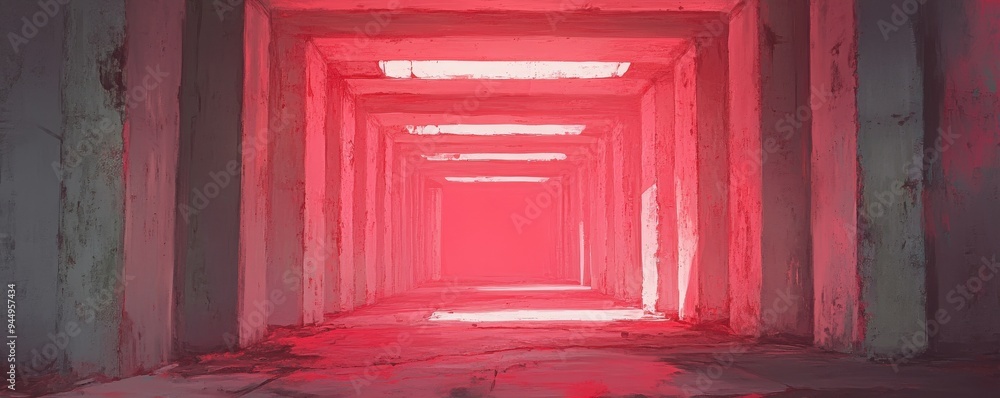 Poster a surreal corridor illuminated by striking red light, creating an atmospheric and mysterious environ