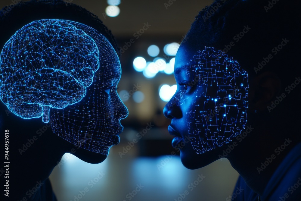 Poster couple facing each other with brain puzzle connection depicting the complex fit of personal and inte