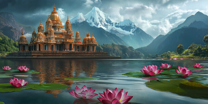 Panoramic view of the concept of the Hindu temple in the middle of the Himalayan mountains and lotus pond. Generative AI image. 