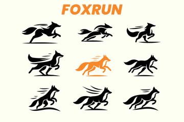set of silhouettes of fox run logo design