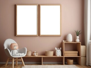 Two Blank Picture Frames in a Child's Room with Wooden Furniture and Decor