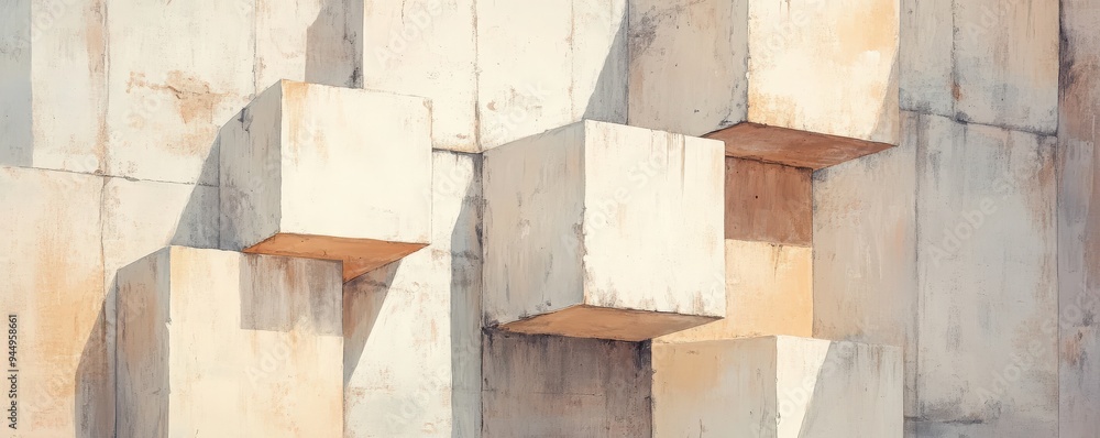 Poster abstract composition of textured blocks and walls showcasing geometric shapes and soft lighting.
