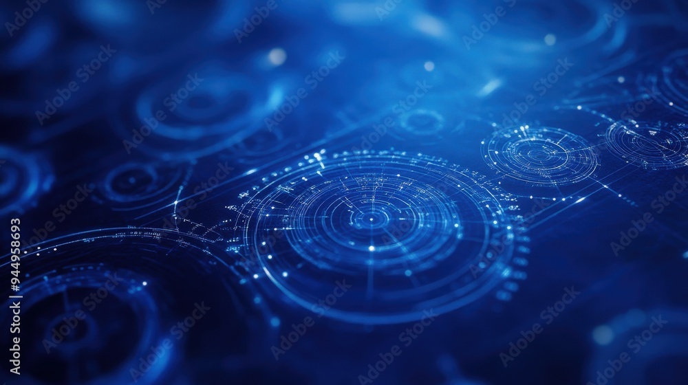 Poster abstract digital blue background with glowing circles and technological patterns, ideal for innovati