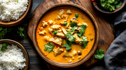 An overhead shot of Massaman Curry, with a side of rice and fresh herbs, showcasing the hearty
