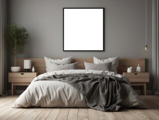 Minimalist Bedroom Interior with Grey Walls and Wooden Bedside Tables