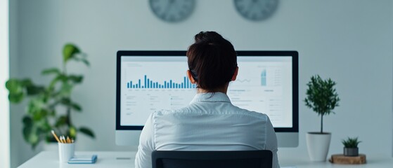 A woman is sitting at a desk in front of a computer monitor