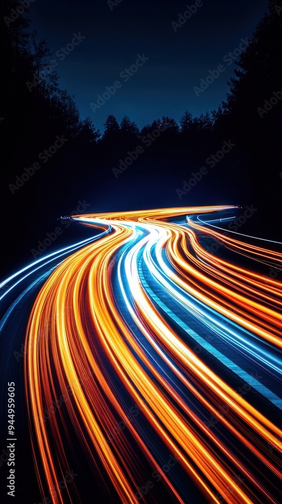 Poster dynamic light trails capture the essence of motion through a winding road at night, creating a vibra