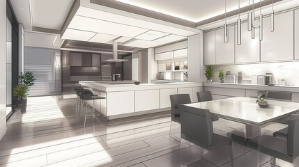 Futuristic interior design. Luxury kitchen with dining area. 3D illustration