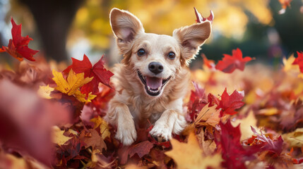 Cheerful dog mid-jump from a pile of bright red and yellow leaves, creating a playful scene