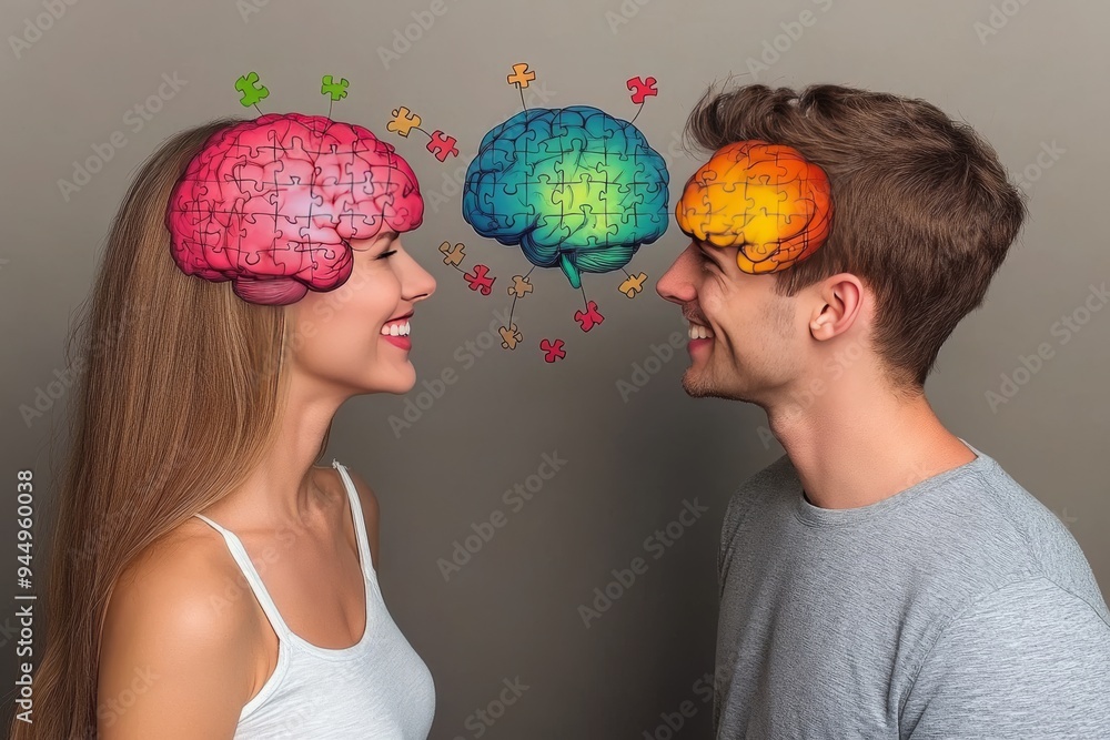Poster couple sharing a colorful brain connection illustrating intimate communication and shared understand