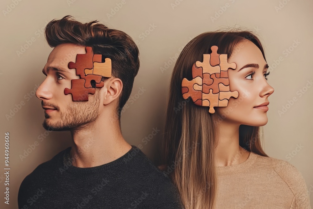 Aufkleber couple with puzzle brain pieces in a vibrant encounter depicting the complexity and fit of their int