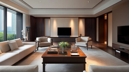 Chinese aesthetic interior design, modern apartment with bamboo accents and elegant