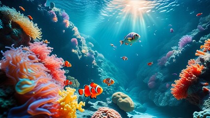 Obraz premium Clownfish swim beneath the surface of the water, where light shines down.