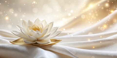 spa banner with small lotos water,  white silk, white background with gold shines