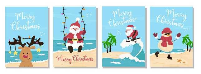 Set of Christmas at the beach, holidays cards. Tropical Christmas greeting card set with cute Santa Claus, deer and sandman.