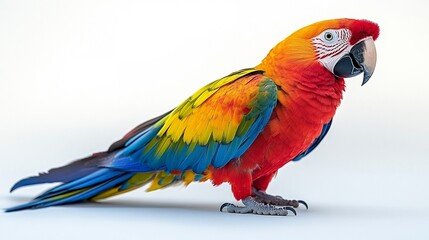 Scarlet Macaw Portrait:  A vibrantly colored scarlet macaw perched on a white background, showcasing its stunning plumage and captivating gaze. Its intricate feathers create a vibrant tapestry of red,