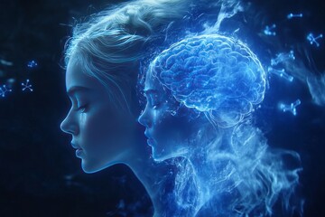Woman with a glowing blue brain illustration highlighting deep contemplation and cognitive brilliance under the ocean waves