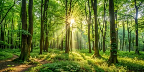 Obraz premium A serene and lush forest with sunlight filtering through the foliage , Trees, Woods, Nature, Greenery, Scenic