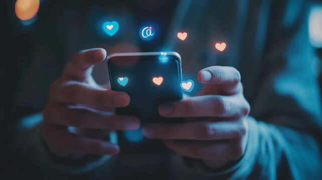 Person interacting with a smartphone in a dimly lit environment while engaging with social media notifications of likes and messages