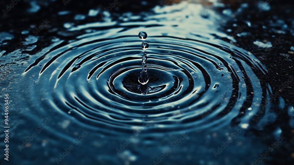 Poster rippling water patterns created from a single drop falling on a calm surface during early morning li