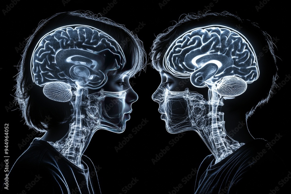 Poster x ray profiles with glowing brain features emphasizing the unseen depths of human intellect and psyc