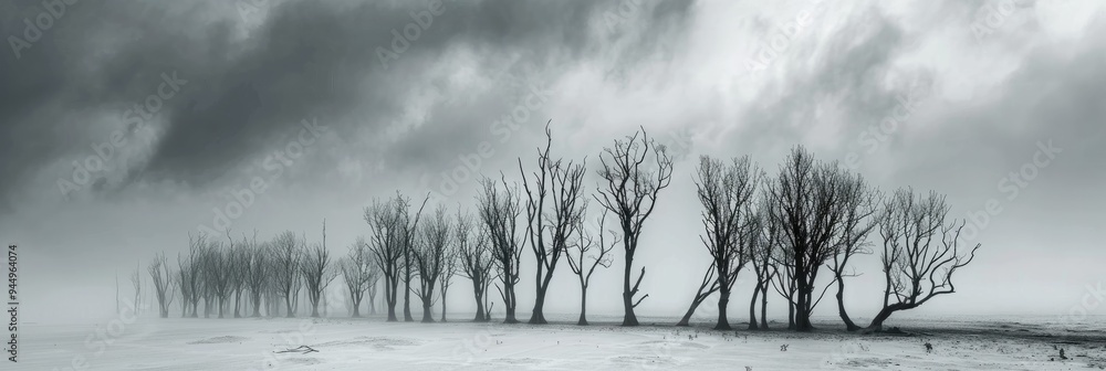 Poster minimalist scene featuring bare trees extending towards overcast skies