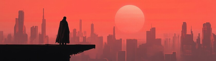 A mysterious figure in a cloak stands against a vibrant sunset, overlooking a city skyline in an atmospheric silhouette.