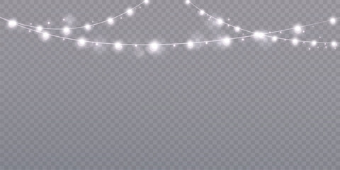 Christmas glowing lights, bright white glow isolated on transparent background. For New Year and holiday decorations.