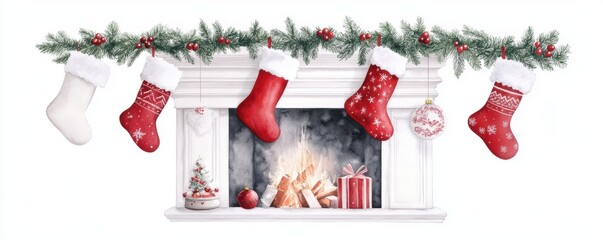 Fototapeta premium cozy Christmas fireplace with stockings hanging, set against a white background