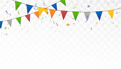 Festive flags and confetti streamers, serpentine ribbons on a transparent background. Vector