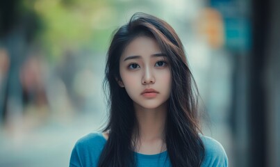 Obraz premium Solitary Asian Woman Expressing Sadness and Contemplation: Emotional Portrait of Young Female Facing Life Challenges. Minimalist Composition Conveying Loneliness, Heartbreak, and Mental Fatigue in Ele