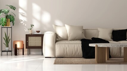 Modern, luxury living room with white sofa, wooden black coffee table, monstera tree, plant, lamp in sunlight from window for elegant interior design decoration, product background 3D