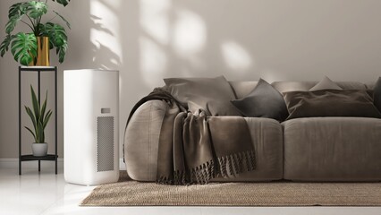 Modern, minimal air purifier in luxury living room with brown sofa on rug, tropical monstera tree plant in sunlight for fresh clean air technology concept, interior design, product background 3D