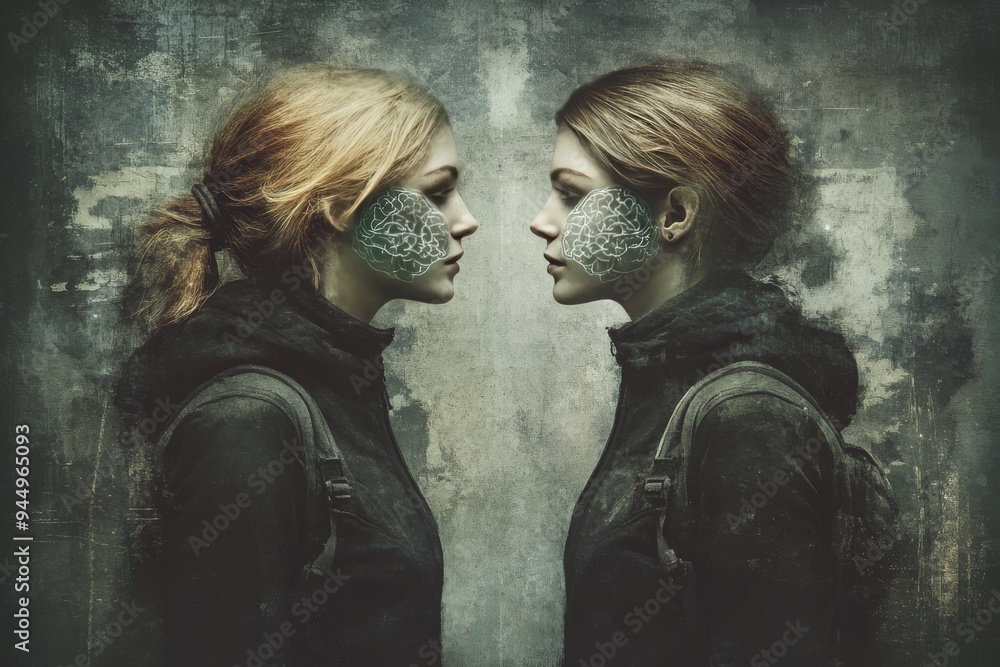 Poster gothic couple with contrasting brain visuals evoking the depth and complexity of their mysterious an
