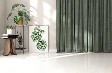 Empty room with light beige wall, monstera plant, poster frame and green tropical plant in sunlight from window on white floor for interior design decoration, lifestyle product background 3D