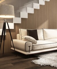 Luxury, minimal brown living room with cream sofa, wooden coffee table, lamp by stair in sunlight from window for elegant interior design decoration, product background 3D