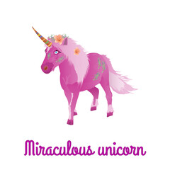 T shirt print icon with a pink unicorn with text Miraculous unicorn under it. Vector illustration isolated on white background.