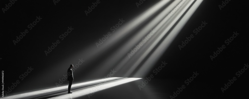 Poster a solitary figure stands in a dark space, illuminated by dramatic beams of light, evoking themes of 