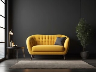 Yellow Sofa in a Modern Living Room with Black Walls