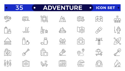 Adventure and trekking line icon set. Included the icons as view, nature, camping, mountain, forest, backpacking, travel, sunset and more.