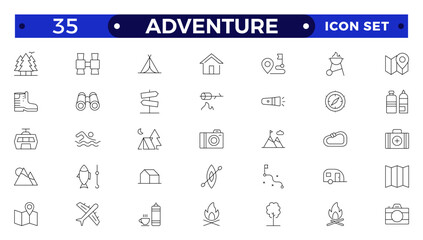 Adventure and trekking line icon set. Included the icons as view, nature, camping, mountain, forest, backpacking, travel, sunset and more.