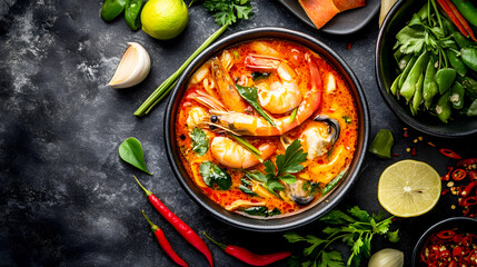 An overhead shot of Tom Yum Goong, surrounded by ingredients like lemongrass, galangal, and chili peppers, showcasing the vibrant colors and textures