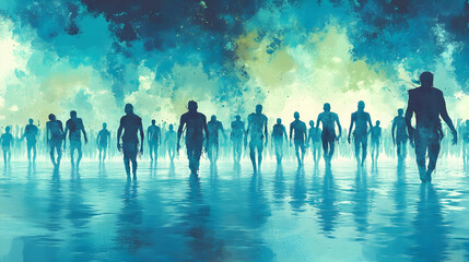 Obraz premium Silhouette Crowd Walking Towards the Horizon