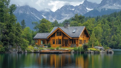 Fototapeta premium A cozy cabin nestled in a serene forest by a tranquil lake with majestic mountains in the background.