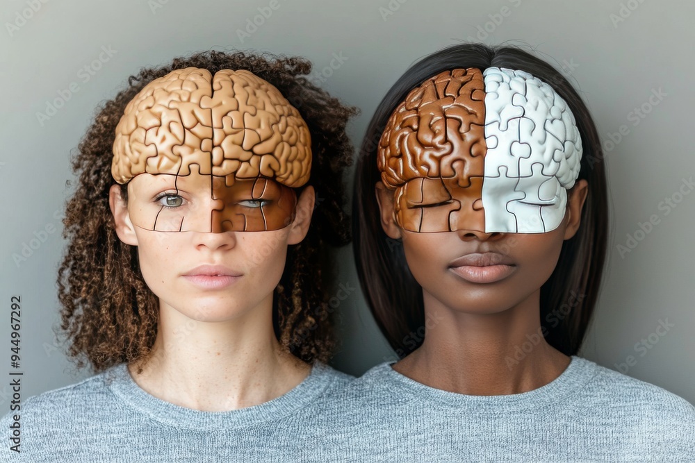 Poster futuristic couple with glowing brain maps exploring advanced cognitive technologies in a tech driven