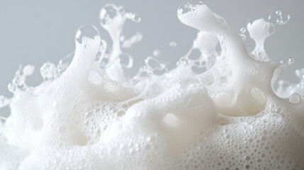 Close-up of a shampoo bottle covered in white foam, with bubbles overflowing on the side.