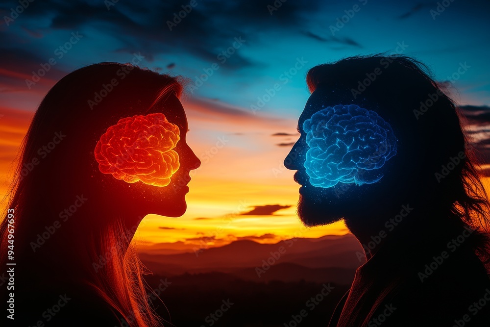 Poster silhouette couple at sunset displaying interconnected glowing brains symbolizing deep connection